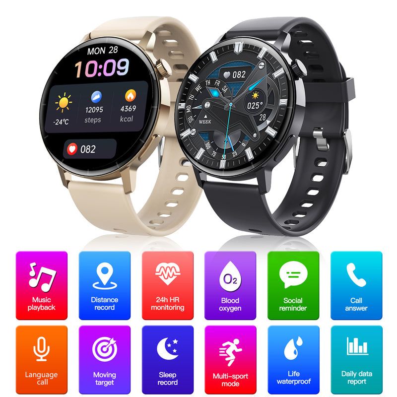 "Intelligente Bluetooth-Anruf Smartwatch 1.32 Zoll, Gesundheits Sportarmband, Wasserdicht, Magnetisches Saugaufladen - Schwarz und Rosegold"