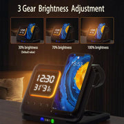 "5-in-1 Multifunktions-Ladegerät: 15W Schnellladestation, LED-Digitalwecker und Umgebungssensor in stilvollem Design"