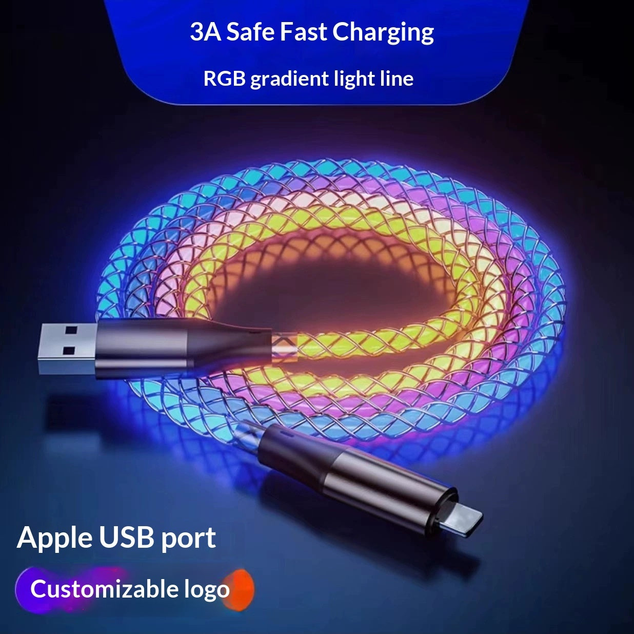 "Leuchtendes RGB-Datenkabel, Farbenfrohes, Über 1 Meter langes Ladekabel, Geflochtenes Material, Verfügbar in Weiß, Mit Lightning, Micro USB, TYPE-C Schnittstellen"
