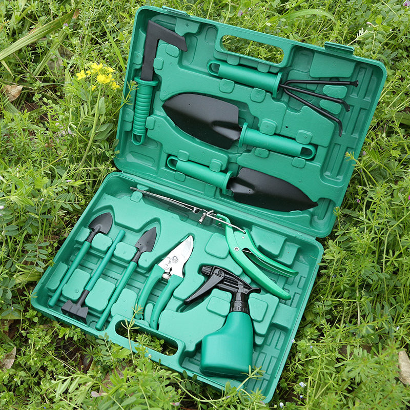 "Zehnteiliges Gartengeräte-Set mit Eisenkopf und Kunststoffgriff - Ideal für Hobbygärtner"