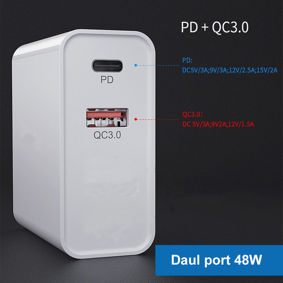 "Schnellladegerät für Handys mit 4 Anschlüssen: PD, QC und 2 USB, Elegantes Design in Schwarz oder Weiß"