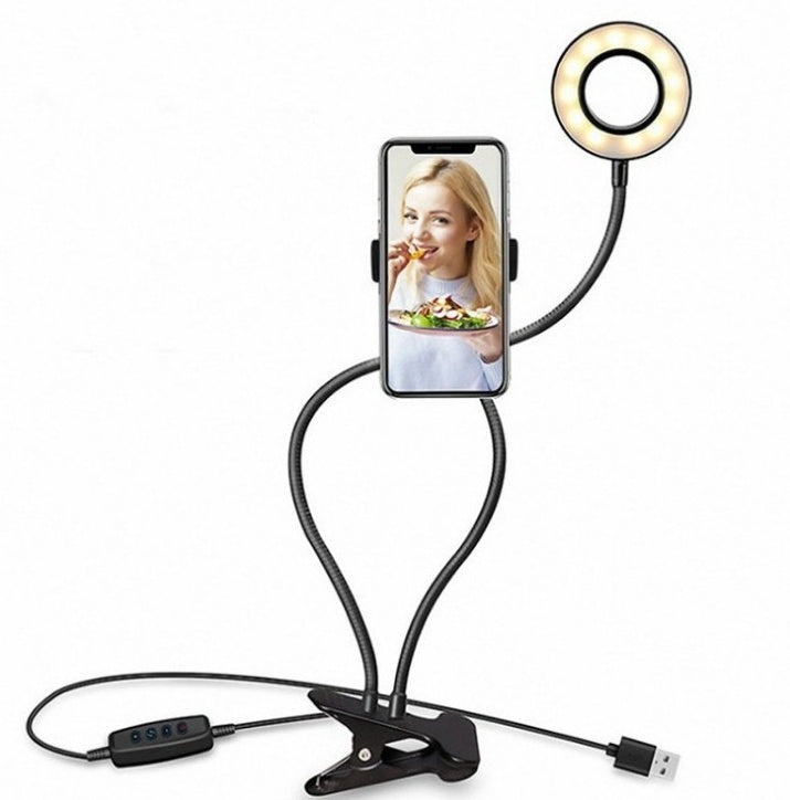 "Verstellbares LED Selfie Ringlicht mit 8cm Standfuß - Ideal für Live-Übertragungen und Makeup, 3 Lichtfarben, 10 Helligkeitsstufen, Universal Handyhalterung"