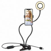 "Verstellbares LED Selfie Ringlicht mit 8cm Standfuß - Ideal für Live-Übertragungen und Makeup, 3 Lichtfarben, 10 Helligkeitsstufen, Universal Handyhalterung"