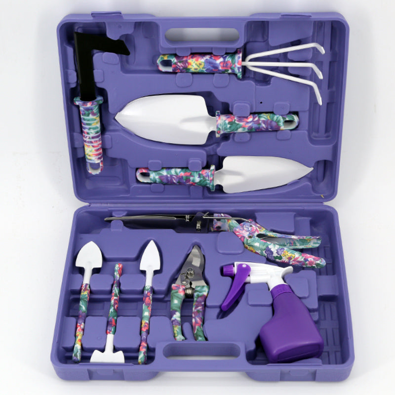 "Zehnteiliges Gartengeräte-Set mit Eisenkopf und Kunststoffgriff - Ideal für Hobbygärtner"