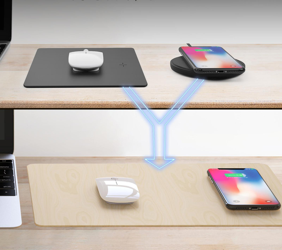 "Schnellladende Drahtlose Ladestation Mauspad, Kompatibel mit Android & Apple, Xiaomi Smart, USB-Anschluss, Schwarz/Holzoptik"