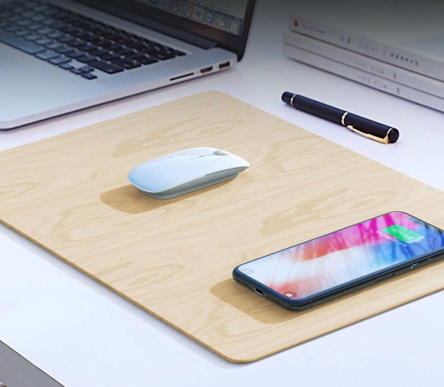 "Schnellladende Drahtlose Ladestation Mauspad, Kompatibel mit Android & Apple, Xiaomi Smart, USB-Anschluss, Schwarz/Holzoptik"