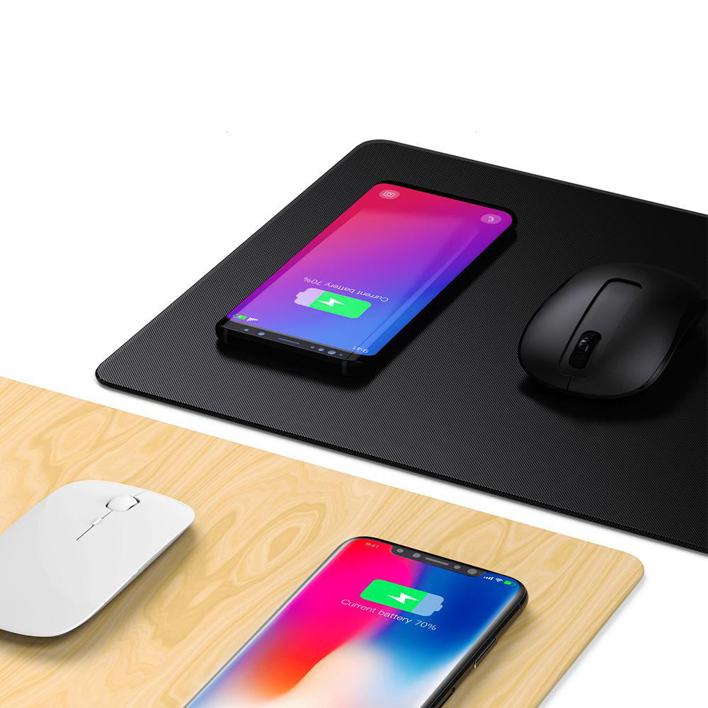 "Schnellladende Drahtlose Ladestation Mauspad, Kompatibel mit Android & Apple, Xiaomi Smart, USB-Anschluss, Schwarz/Holzoptik"