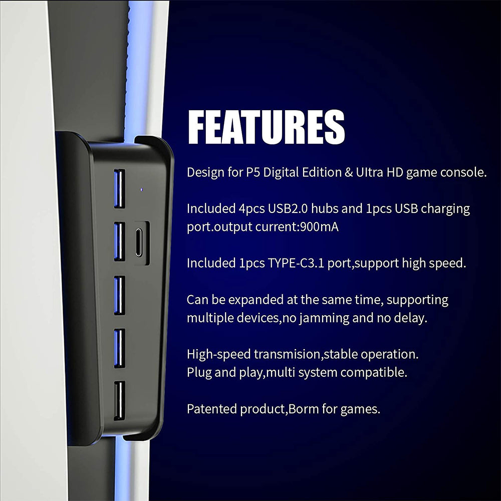 "PS5 Multi-Funktions-USB-Hub-Konverter: Hochgeschwindigkeits-Übertragung, ABS-Material, Weiß & Schwarz"