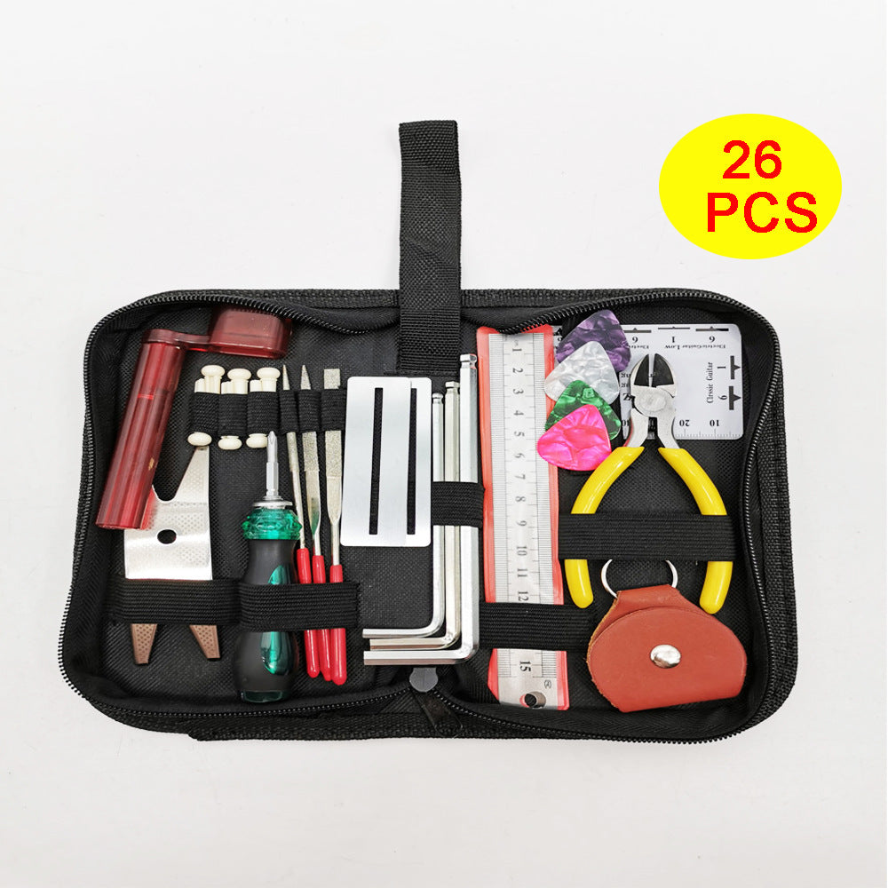 "26-teiliges Gitarren-Reparatur-Set aus Metall und Edelstahl: Werkzeugtasche mit Maßstab, Distanzmesser, Schraubendreher, Multifunktions-Schlüssel und mehr"