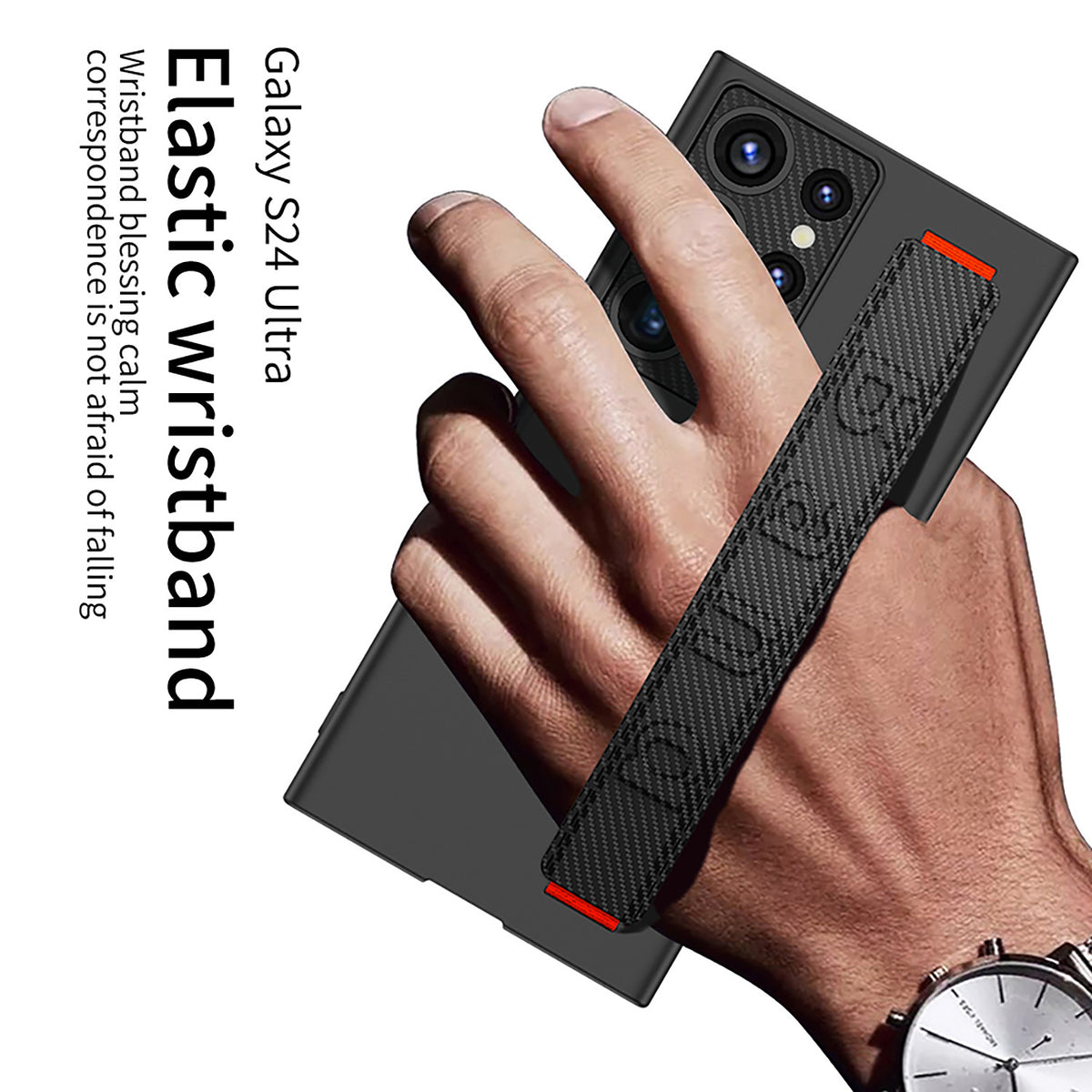 "Sturzsichere Handyhülle mit Armbandhalterung - Elegante Schutzschale für Samsung, PC-Material, Ins-Stil in Kalt-Schwarz, Silber, Waldgrün, Karbonfaser-Muster"