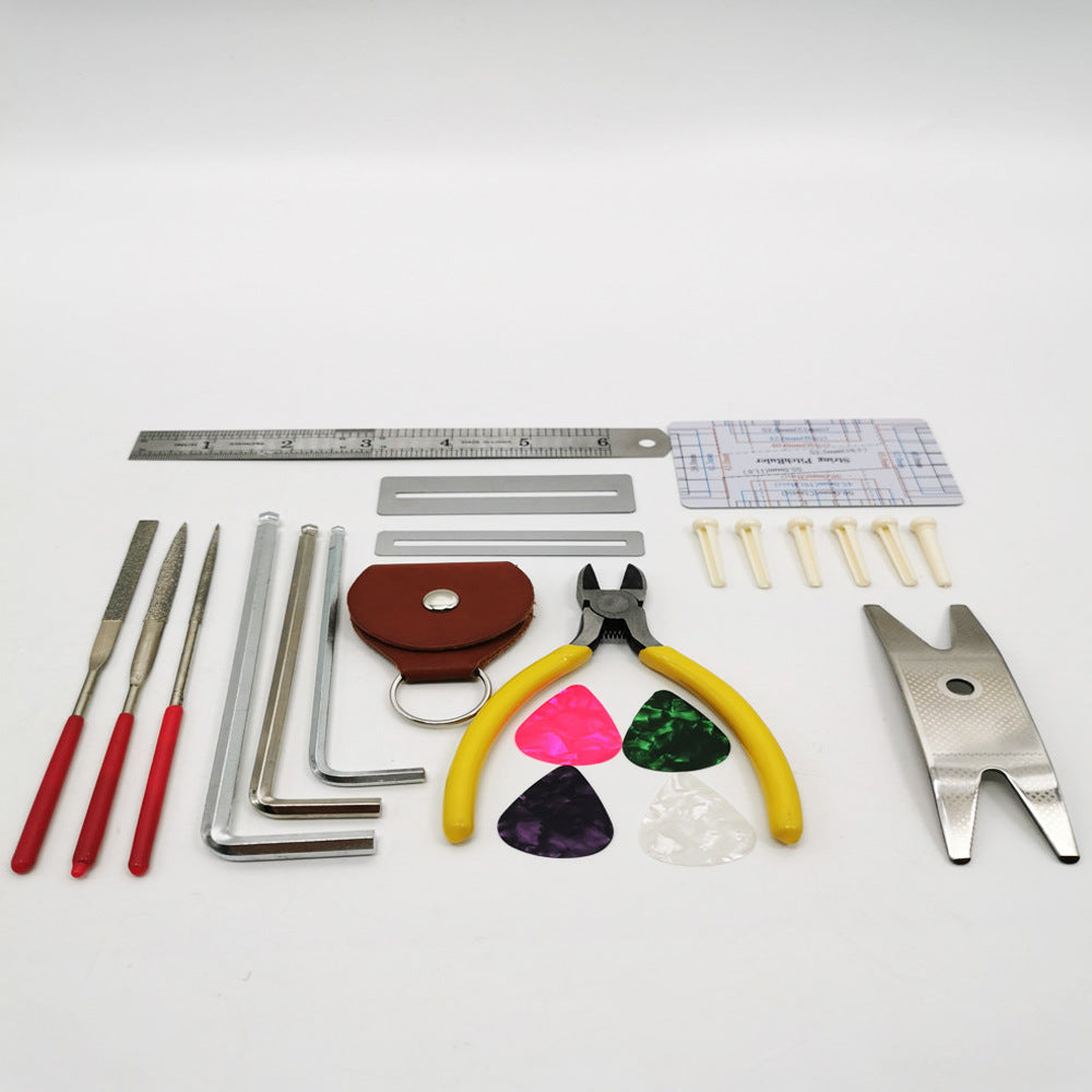 "26-teiliges Gitarren-Reparatur-Set aus Metall und Edelstahl: Werkzeugtasche mit Maßstab, Distanzmesser, Schraubendreher, Multifunktions-Schlüssel und mehr"