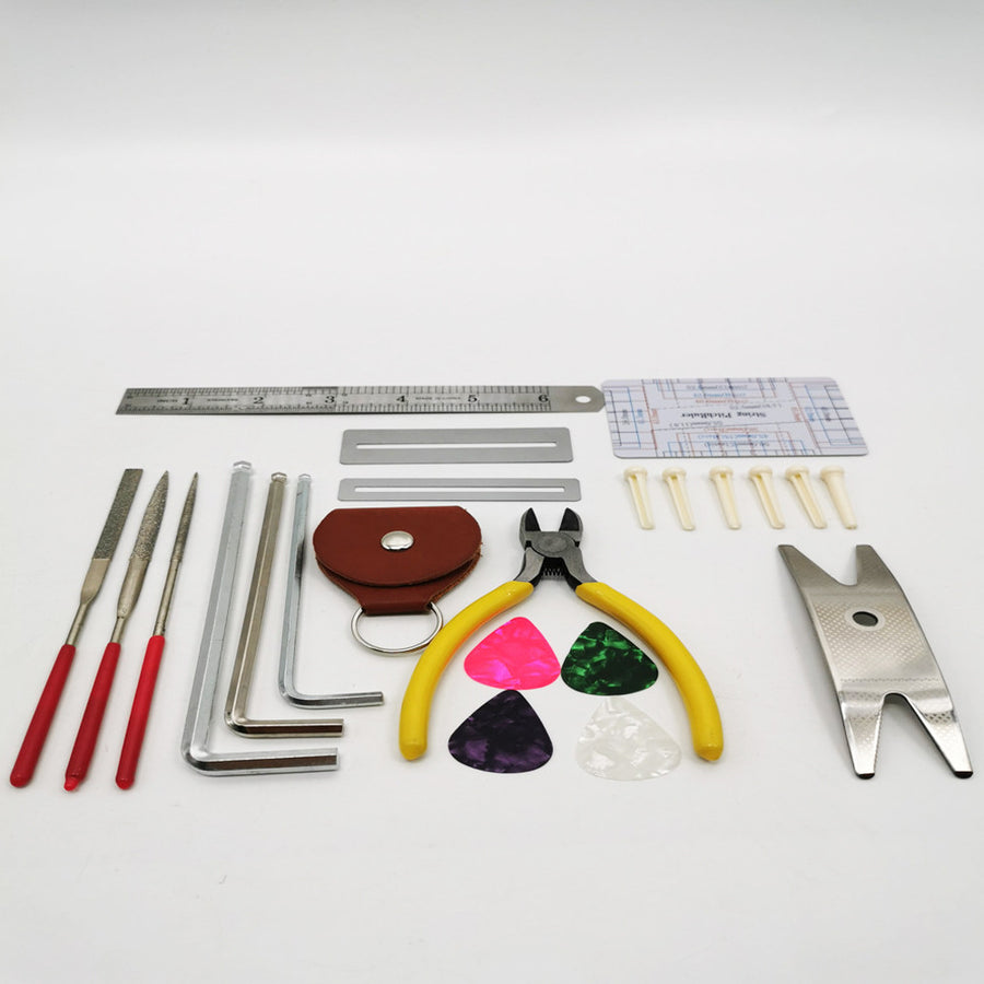 "26-teiliges Gitarren-Reparatur-Set aus Metall und Edelstahl: Werkzeugtasche mit Maßstab, Distanzmesser, Schraubendreher, Multifunktions-Schlüssel und mehr"