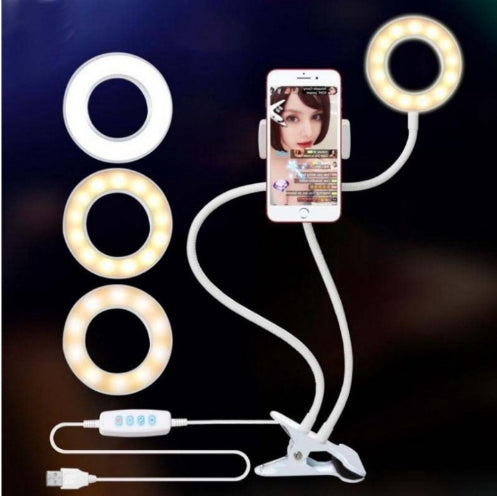 "Verstellbares LED Selfie Ringlicht mit 8cm Standfuß - Ideal für Live-Übertragungen und Makeup, 3 Lichtfarben, 10 Helligkeitsstufen, Universal Handyhalterung"