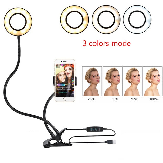 "Verstellbares LED Selfie Ringlicht mit 8cm Standfuß - Ideal für Live-Übertragungen und Makeup, 3 Lichtfarben, 10 Helligkeitsstufen, Universal Handyhalterung"