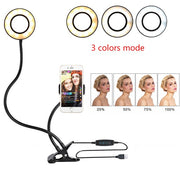 "Verstellbares LED Selfie Ringlicht mit 8cm Standfuß - Ideal für Live-Übertragungen und Makeup, 3 Lichtfarben, 10 Helligkeitsstufen, Universal Handyhalterung"