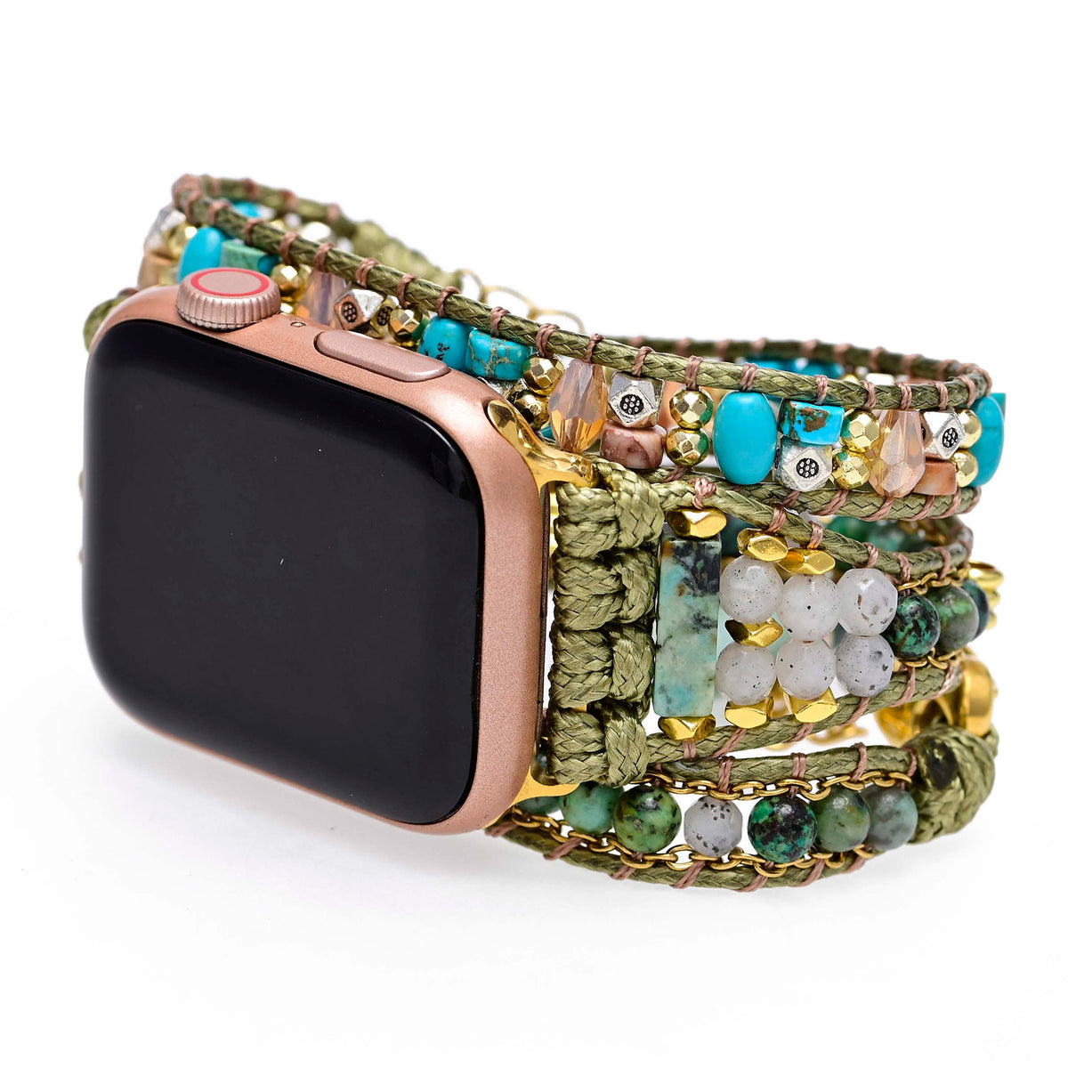 "Boho-Stil Afrikanische Kiefernstein Perlenarmband Grün Uhrband Kompatibel mit iPhone Modellen 38-45mm"