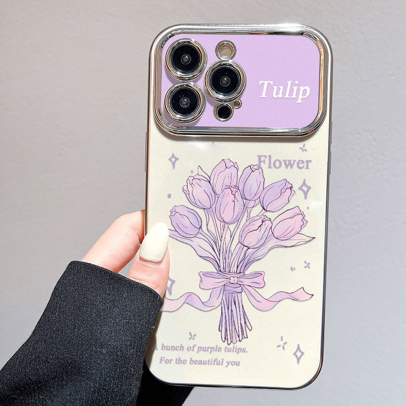 "Robustes, elektroplattiertes Blumendesign Handyhülle für Großbildschirme, Stoßfest und Kratzfest mit stilvollen Silberherz-Perlen"