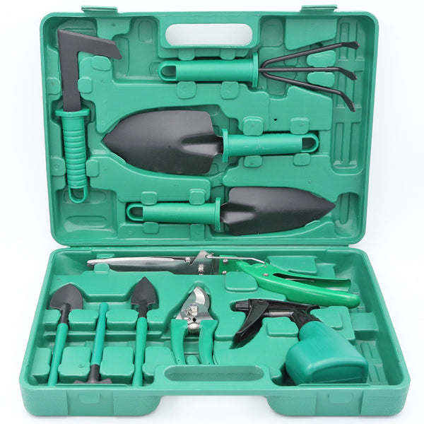 "Zehnteiliges Gartengeräte-Set mit Eisenkopf und Kunststoffgriff - Ideal für Hobbygärtner"