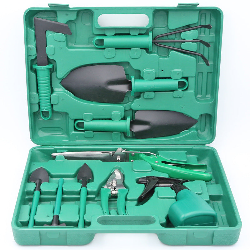 "Zehnteiliges Gartengeräte-Set mit Eisenkopf und Kunststoffgriff - Ideal für Hobbygärtner"