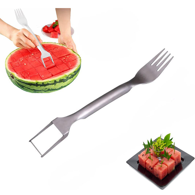 "2-in-1 Wassermelonen-Gabel und -Schneider aus Edelstahl: Leicht, tragbar und vielseitig einsetzbar für perfekt geschnittene Fruchtstücke"