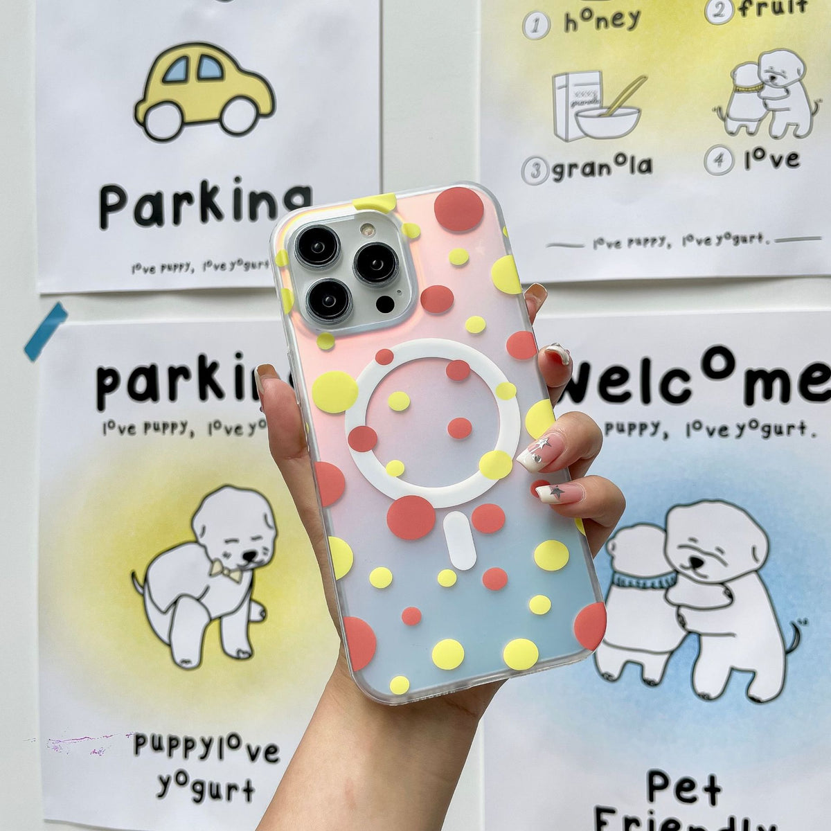 "Attraktive Magnetische Handyhülle mit Vierfarben-Punktmuster, Sturzschutz für iPhone, TPU PC Material"