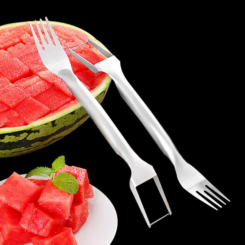 "2-in-1 Wassermelonen-Gabel und -Schneider aus Edelstahl: Leicht, tragbar und vielseitig einsetzbar für perfekt geschnittene Fruchtstücke"