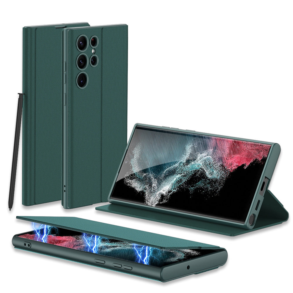 "All-Inclusive Magnetische Saug-Ledertasche mit Feinen Löchern für Samsung - in Waldgrün, Kalt-Schwarz, Karbonfaser-Muster und Weinrot"