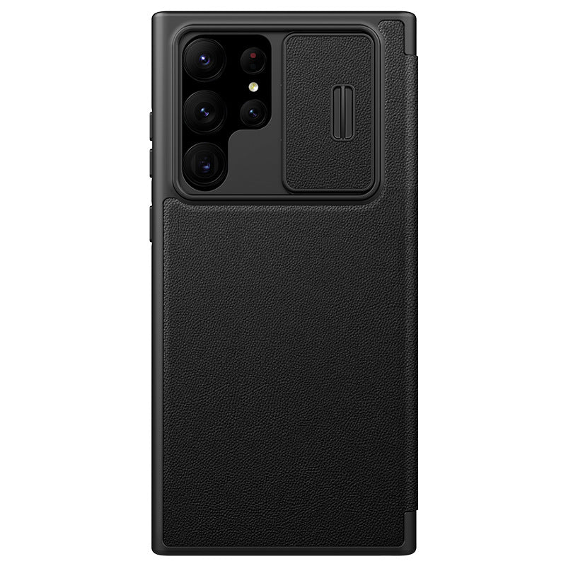 "Premium Leder Handyhülle mit Anti-Peep Objektivabdeckung und Flip-Cover für Samsung S23 ULTRA - Stoßfest, in Schwarz, Rot, Braun und Musterdesigns"