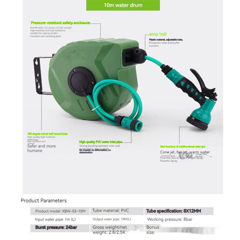 "Qiya Automatische Schlauchtrommel - PVC Wasserschlauch Aufroller 10M, Ideal für Autowäsche & Blumenbewässerung"