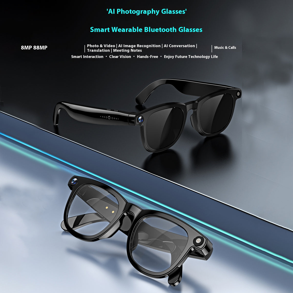 "Intelligente AI-Brille mit 800W Doppelobjektiv, Anti-Shake, Rauschunterdrückung und Wasserfest - Musik & Bluetooth Anruf Funktionen"