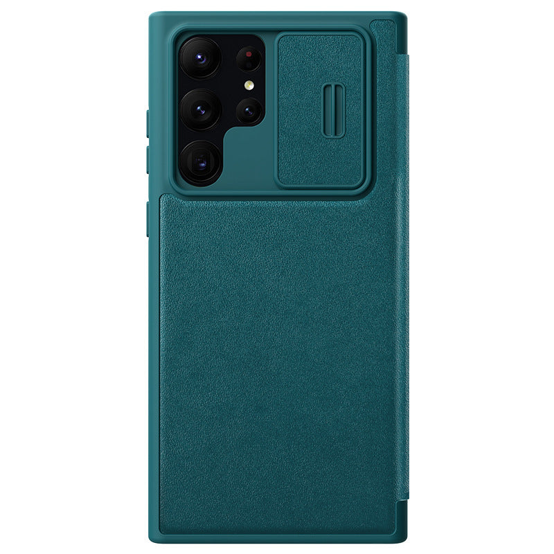 "Premium Leder Handyhülle mit Anti-Peep Objektivabdeckung und Flip-Cover für Samsung S23 ULTRA - Stoßfest, in Schwarz, Rot, Braun und Musterdesigns"