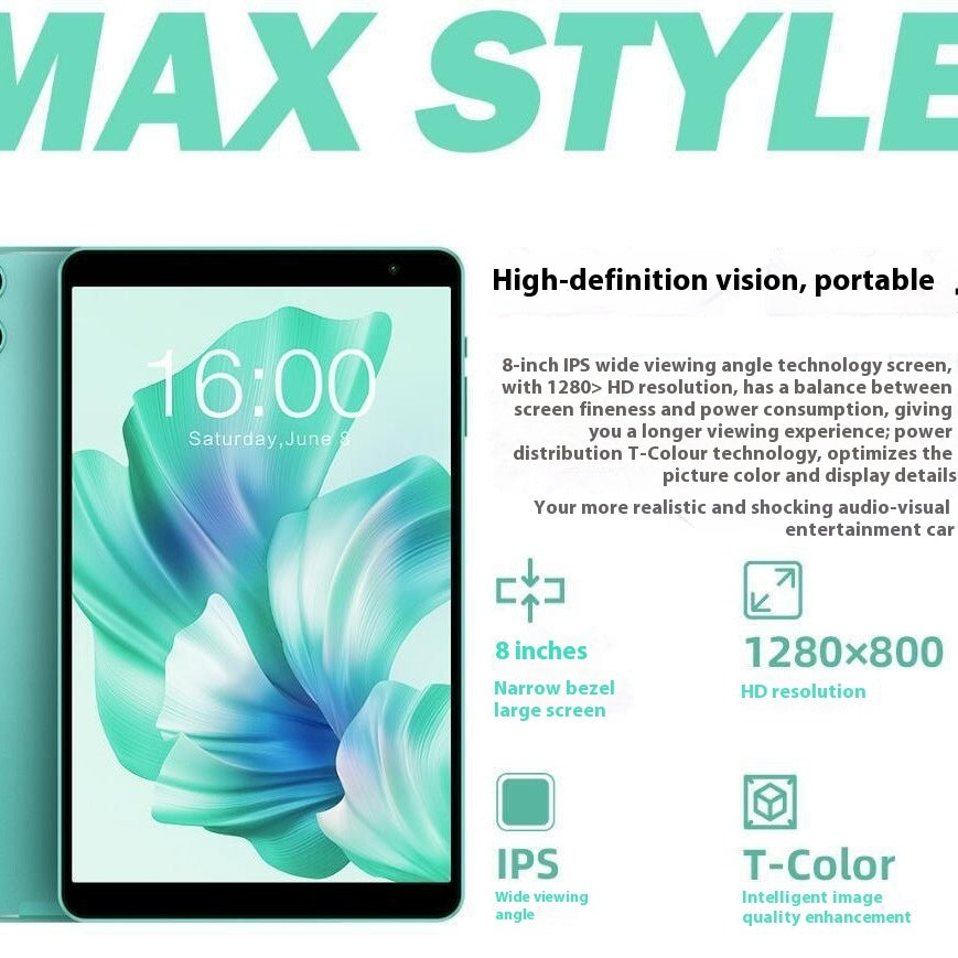 "8-Zoll HD Android 13 Tablet mit Acht-Kern-Prozessor, 4GB RAM, 64GB Speicher, Dual-Kamera & Bluetooth-Unterstützung - Grün"