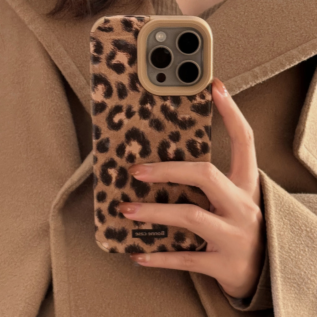 "Europäische und Amerikanische Leopardenmuster Plüsch Lanyard Handyhülle im Vintage-Stil, Stoßschutz, Synthetikleder, Kompatibel mit iPhone"