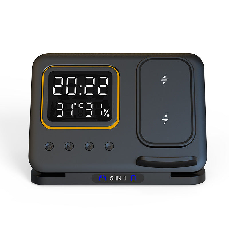 "5-in-1 Multifunktions-Ladegerät: 15W Schnellladestation, LED-Digitalwecker und Umgebungssensor in stilvollem Design"