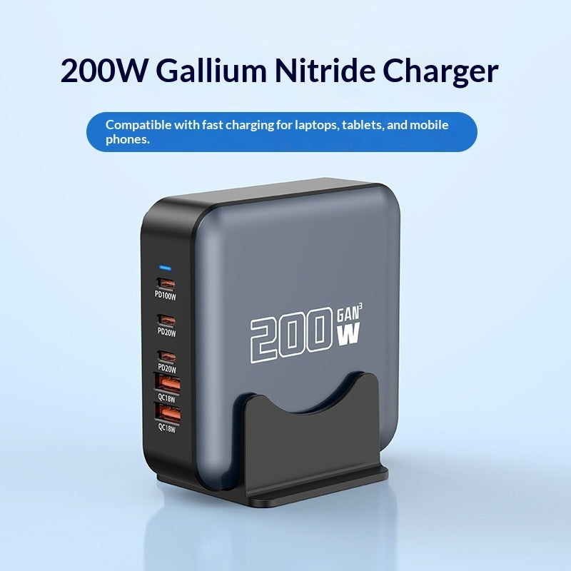 "Universal 320W GaN Schnellladegerät - Hohe Leistung, Typ-C, Schwarzes Kunststoffgehäuse, Verschiedene Stromkabelstandards - US, EU, UK, AU"