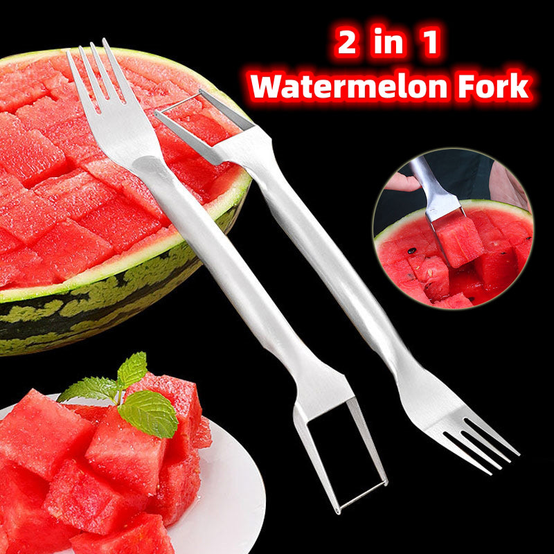 "2-in-1 Wassermelonen-Gabel und -Schneider aus Edelstahl: Leicht, tragbar und vielseitig einsetzbar für perfekt geschnittene Fruchtstücke"