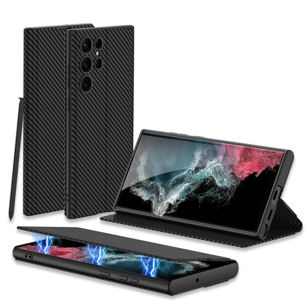 "All-Inclusive Magnetische Saug-Ledertasche mit Feinen Löchern für Samsung - in Waldgrün, Kalt-Schwarz, Karbonfaser-Muster und Weinrot"