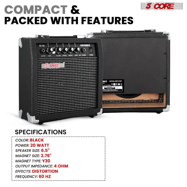 "5 Core 20W Elektrischer Mini-Gitarrenverstärker mit 6.5 Zoll Lautsprecher, AUX und Kopfhöreranschluss - Tragbar und Ideal für Alle Musikstile"