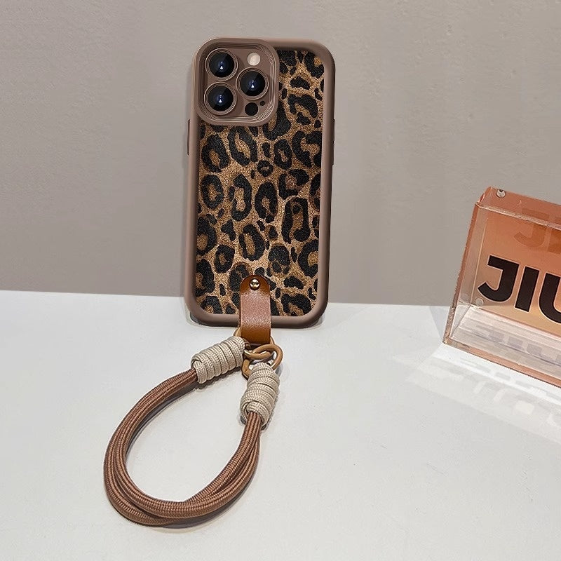 "Leopardenmuster Lanyard Handyhülle, Schutz vor Stürzen, Silikon Soft Shell, Luxuriös & Kreativ - Braun"
