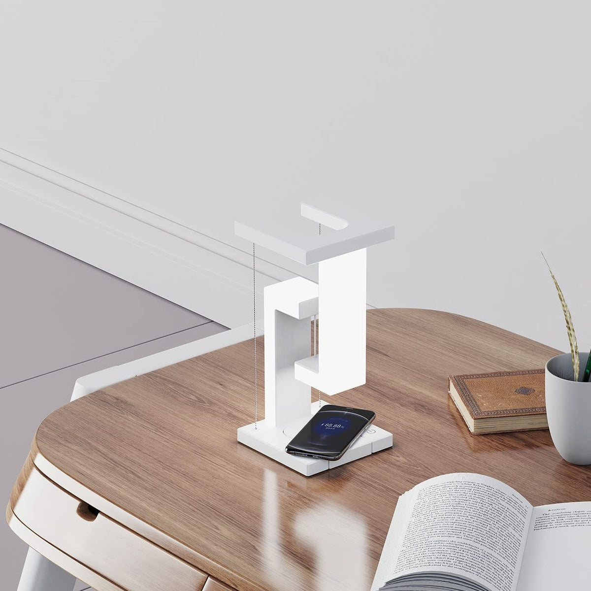 "Designer Balance-Lampe mit kabelloser Smartphone-Ladefunktion und magnetischem Schwebeeffekt für Zuhause und Büro"