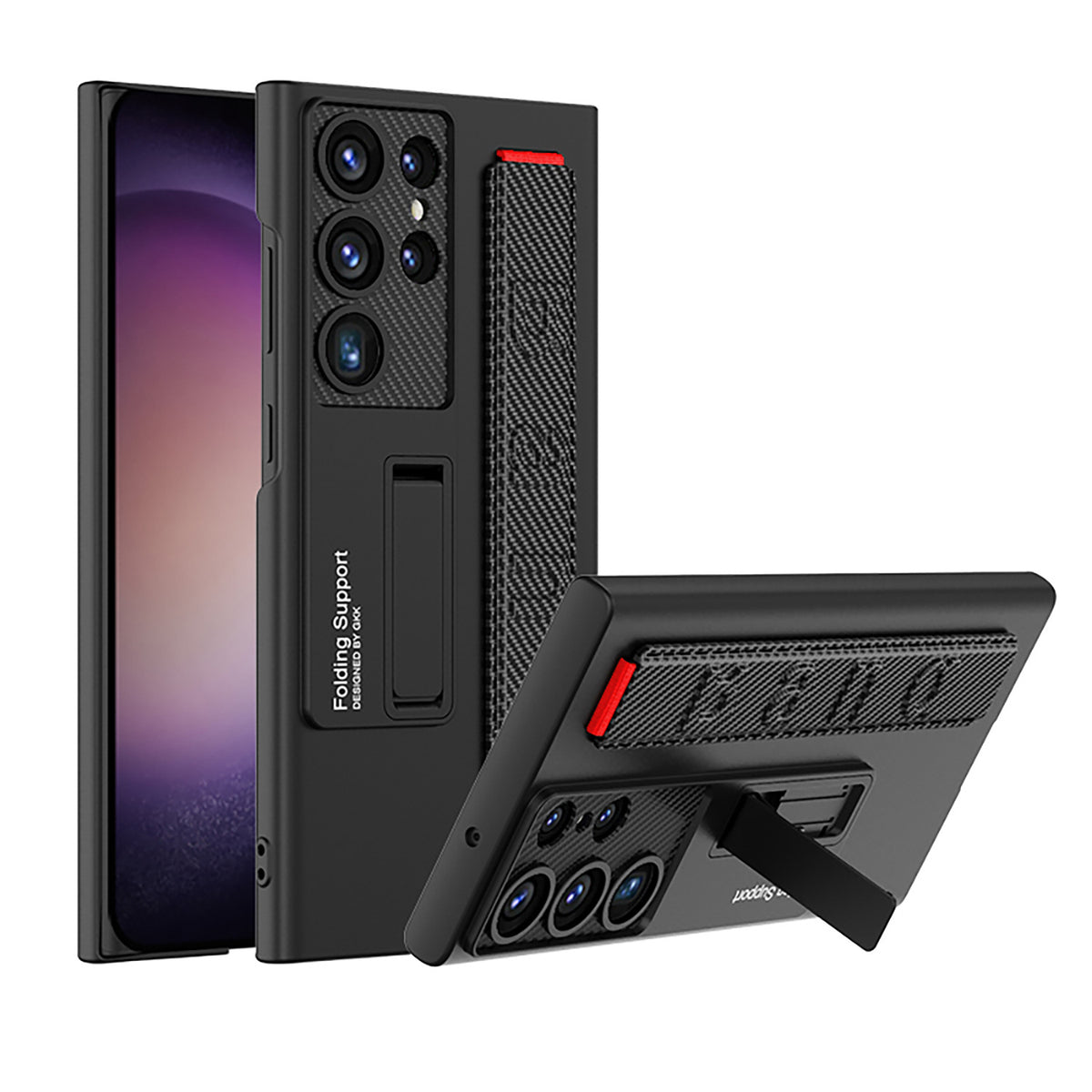 "Sturzsichere Handyhülle mit Armbandhalterung - Elegante Schutzschale für Samsung, PC-Material, Ins-Stil in Kalt-Schwarz, Silber, Waldgrün, Karbonfaser-Muster"