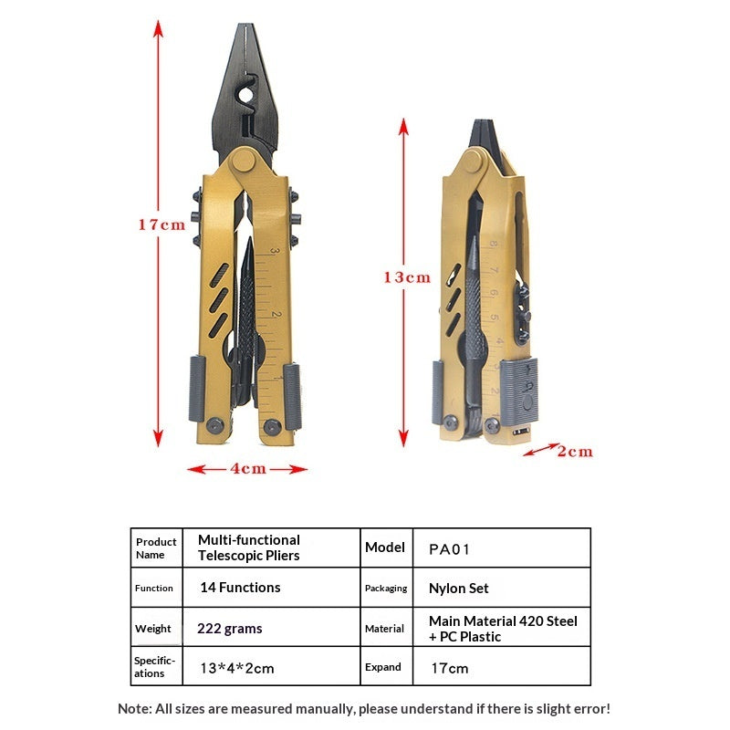 "Multifunktions-Teleskopzange PA01P in Wüstentarnfarbe - Tragbar & Leichtgewichtig, Aus SS420 Werkzeugstahl, Ideal für Notfälle im Freien"