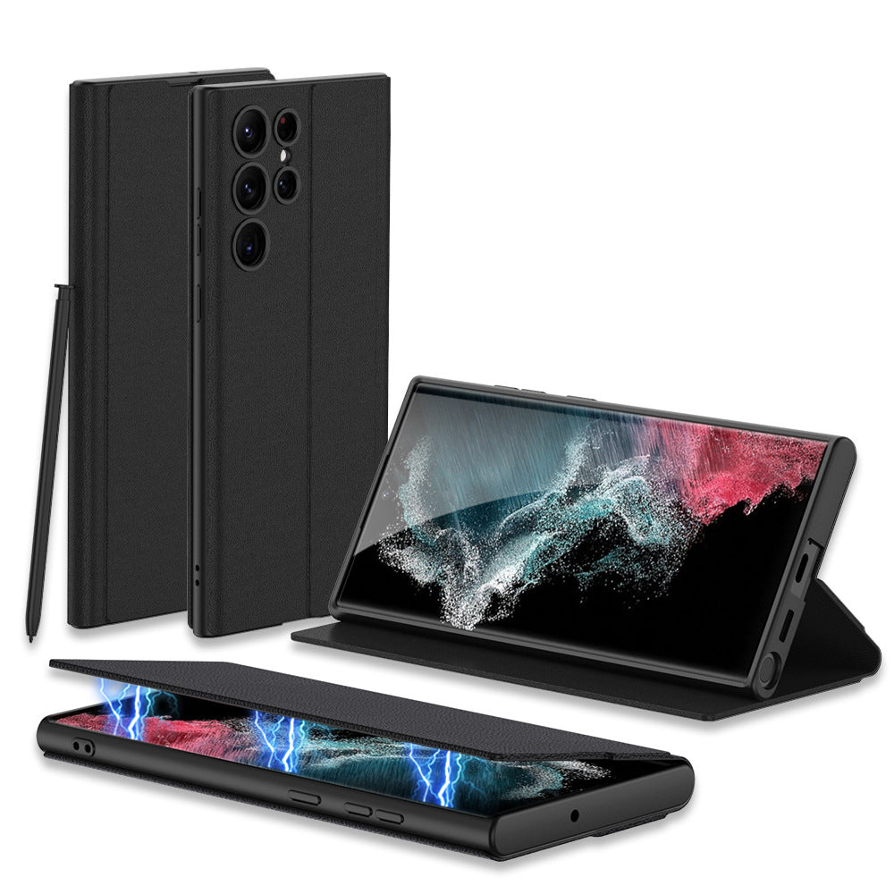 "All-Inclusive Magnetische Saug-Ledertasche mit Feinen Löchern für Samsung - in Waldgrün, Kalt-Schwarz, Karbonfaser-Muster und Weinrot"