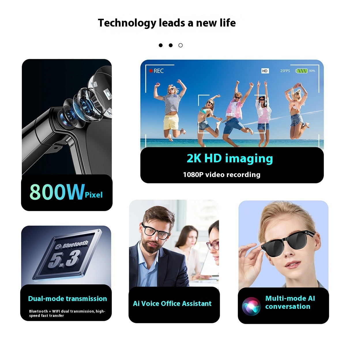 "Intelligente AI-Brille mit 800W Doppelobjektiv, Anti-Shake, Rauschunterdrückung und Wasserfest - Musik & Bluetooth Anruf Funktionen"