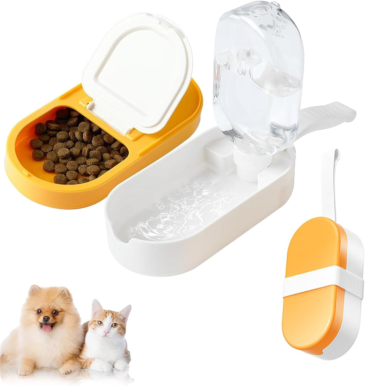 "All-in-One Reise-Haustier-Wasserflasche & Futterbehälter, 250ml, BPA-Frei, Auslaufsicher, Ideal für Hunde, Katzen, Kaninchen - Blau/Gelb"