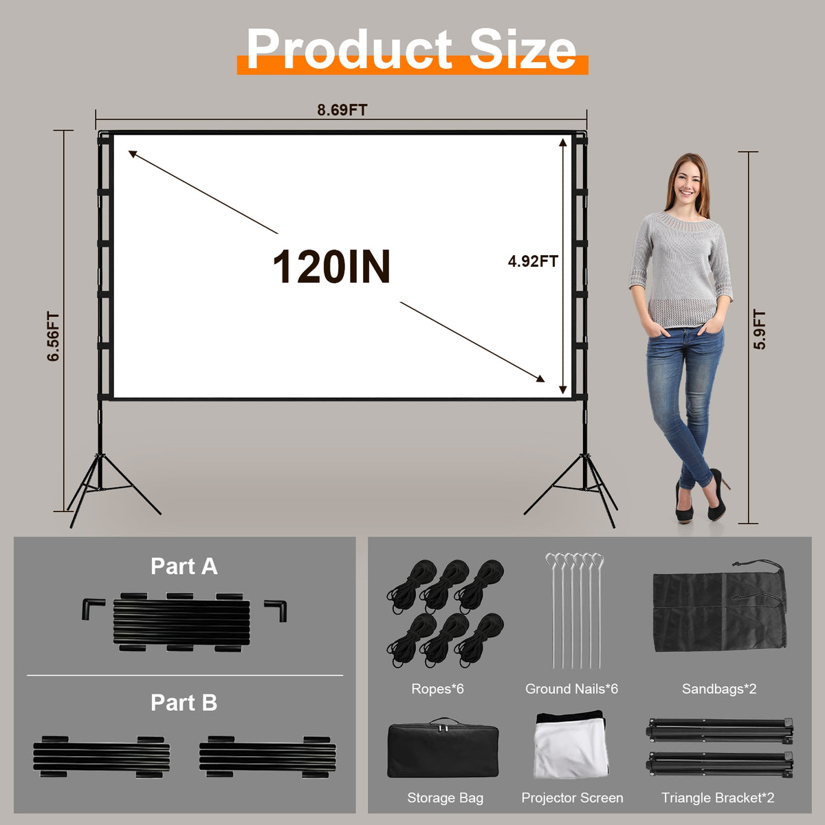 "Premium 4K HD Projektor Leinwand 120/100 Zoll mit Standfuß - Faltenfrei, Tragbar, für Innen- und Außenkino - Inklusive Tragetasche"