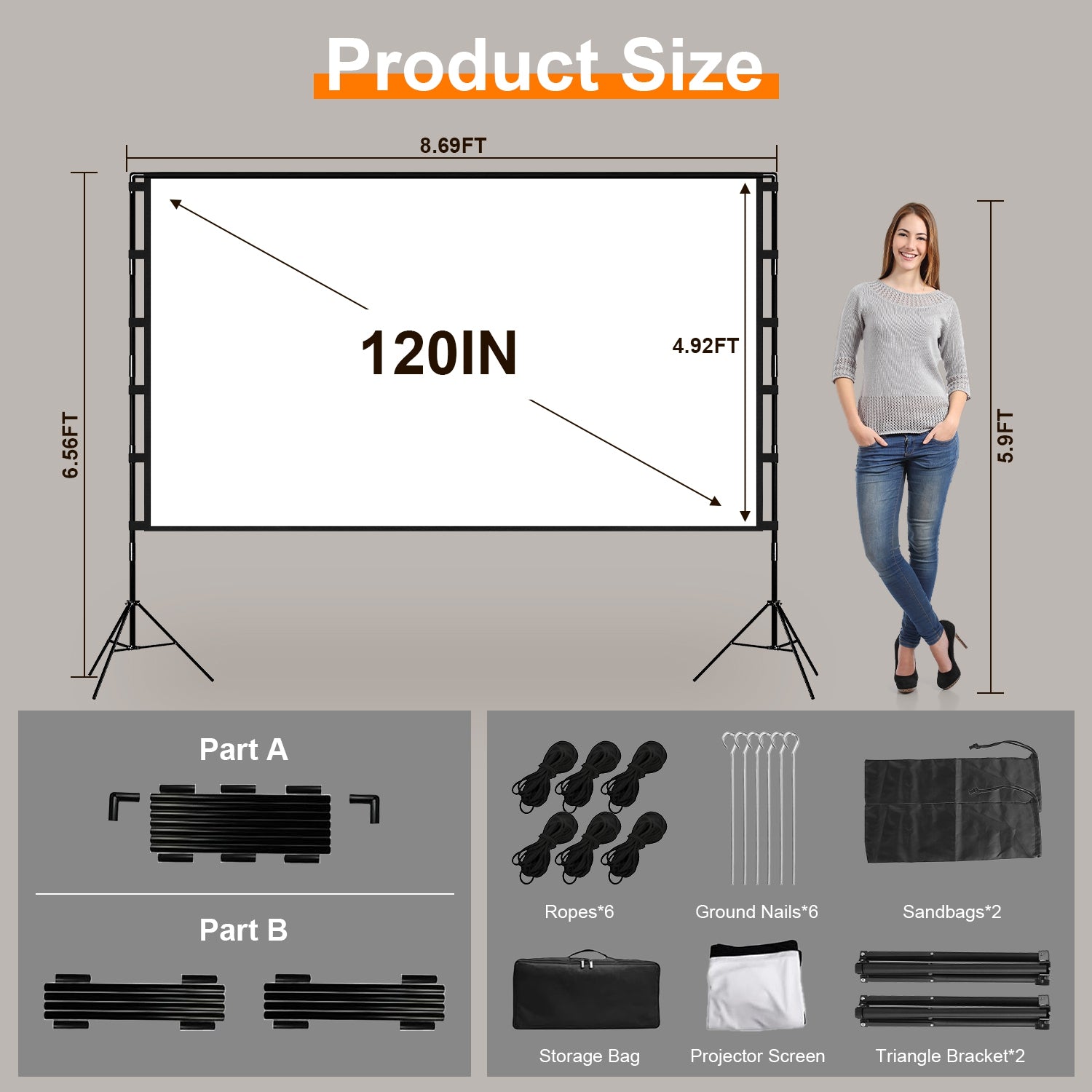"Premium 4K HD Projektor Leinwand 120/100 Zoll mit Standfuß - Faltenfrei, Tragbar, für Innen- und Außenkino - Inklusive Tragetasche"