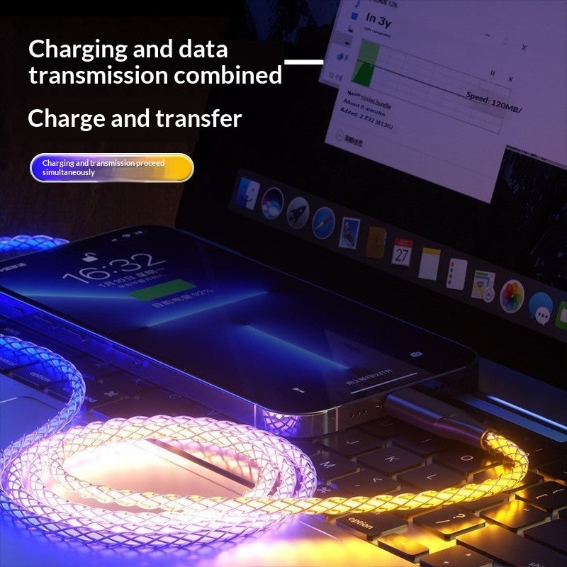 "Leuchtendes RGB-Datenkabel, Farbenfrohes, Über 1 Meter langes Ladekabel, Geflochtenes Material, Verfügbar in Weiß, Mit Lightning, Micro USB, TYPE-C Schnittstellen"