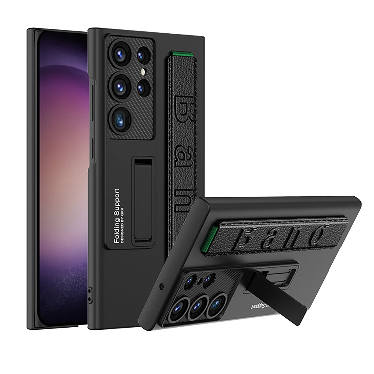 "Sturzsichere Handyhülle mit Armbandhalterung - Elegante Schutzschale für Samsung, PC-Material, Ins-Stil in Kalt-Schwarz, Silber, Waldgrün, Karbonfaser-Muster"