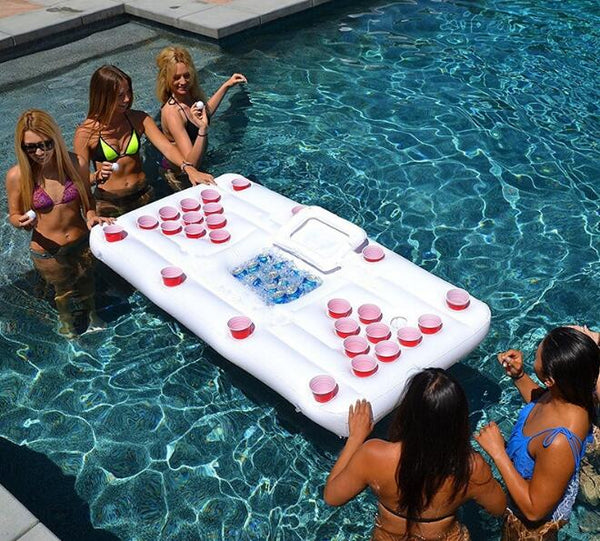 "Multifunktionale Aufblasbare Bierpong Tisch Luftmatratze mit Kühler und Becherhalter - Perfekt für Poolpartys und Wasseraktivitäten"